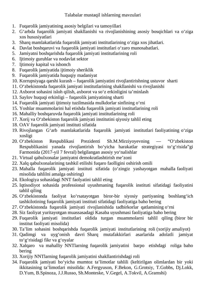Talabalar mustaqil ishlarning mavzulari
