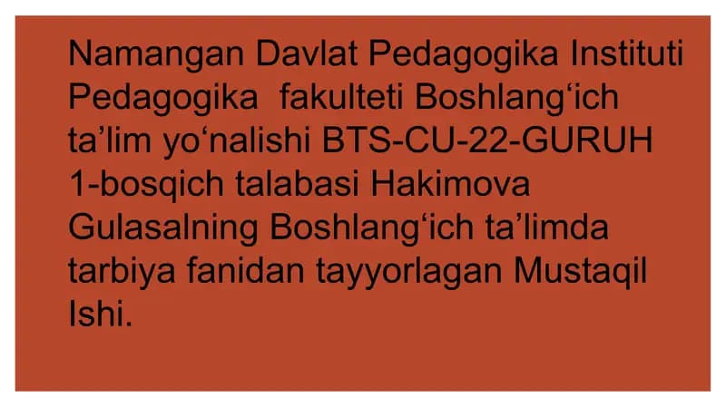 Tarbiya fanini oʻqitishda tarbiya treninglari asosida faoliyatini tashkil etish