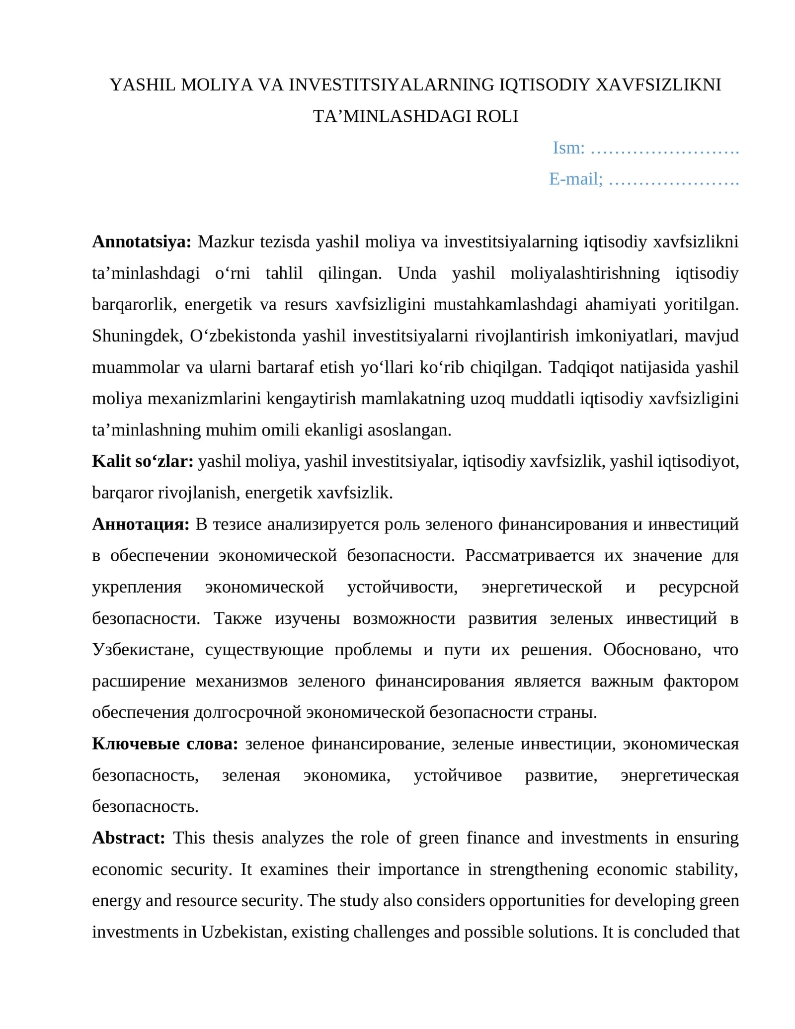 YASHIL MOLIYA VA INVESTITSIYALARNING IQTISODIY XAVFSIZLIKNI TA’MINLASHDAGI ROLI