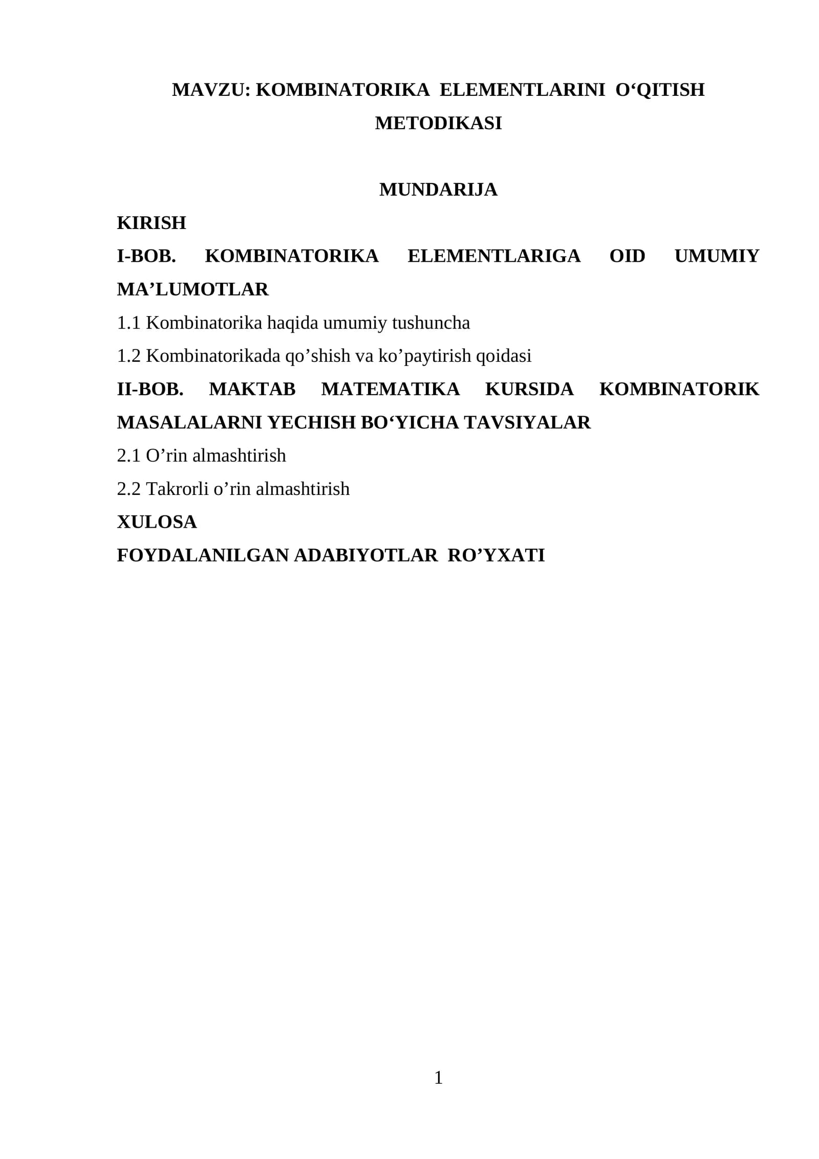 KOMBINATORIKA  ELEMENTLARINI  O‘QITISH  METODIKASI