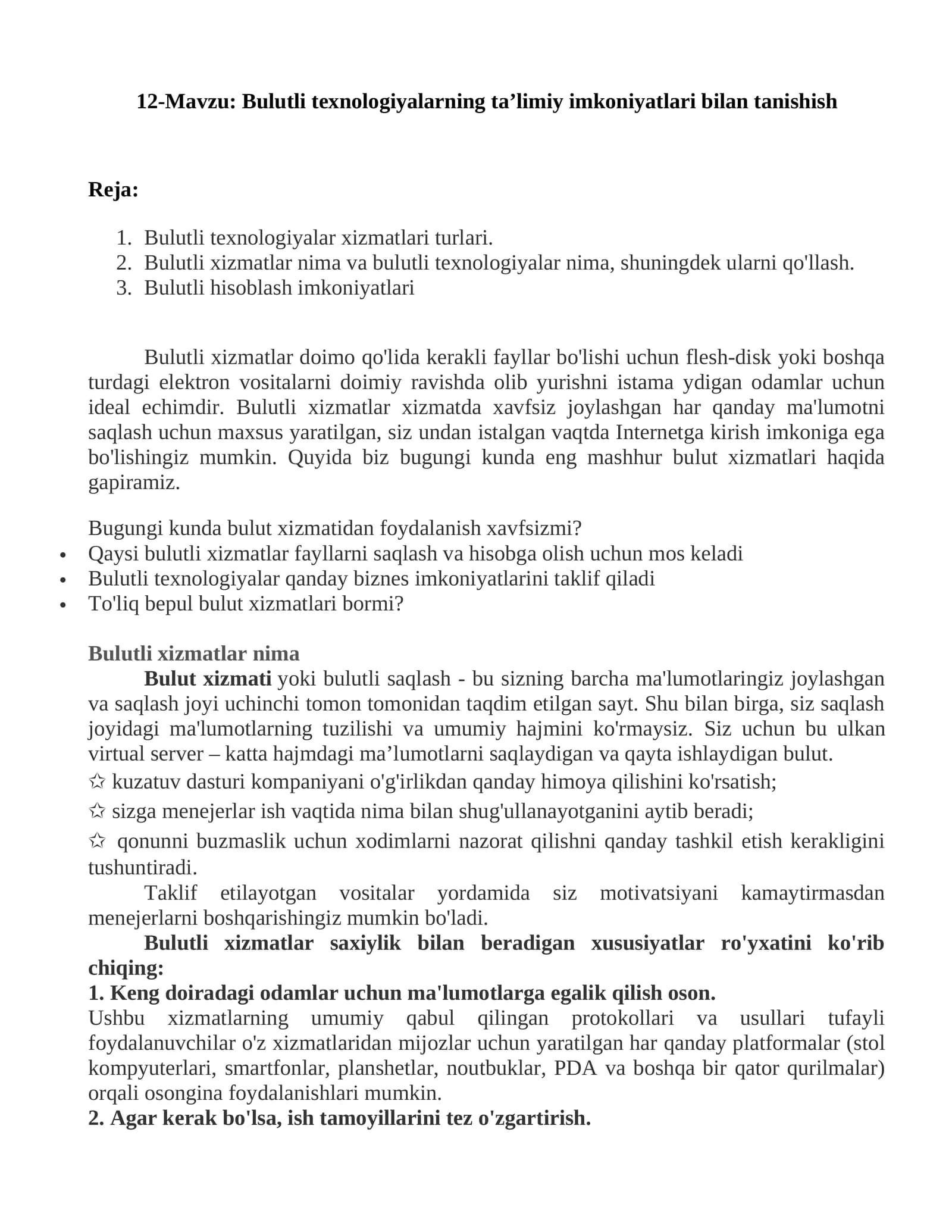 Bulutli texnologiyalarning ta’limiy imkoniyatlari bilan tanishish
