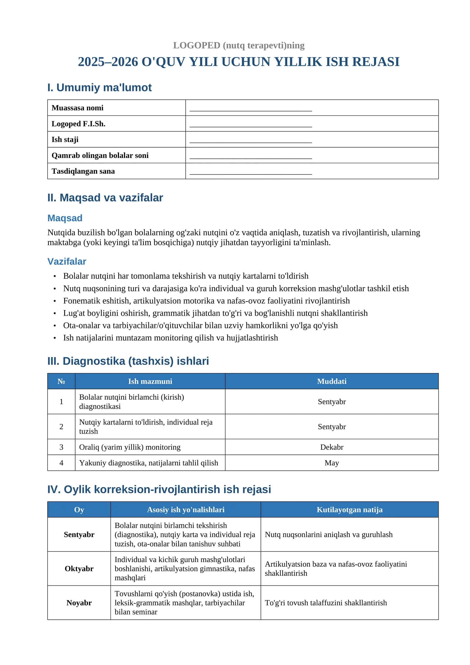 Logopediya yillik ish reja