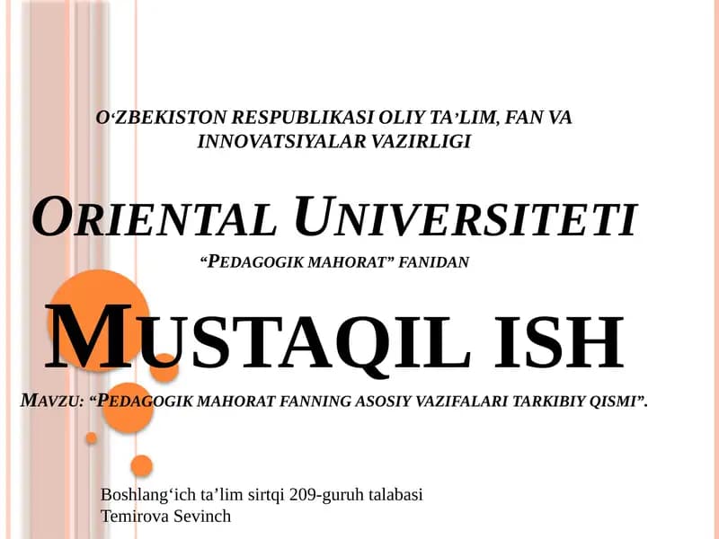 Pedagogik mahorat fanning asosiy vazifalari tarkibiy qismi