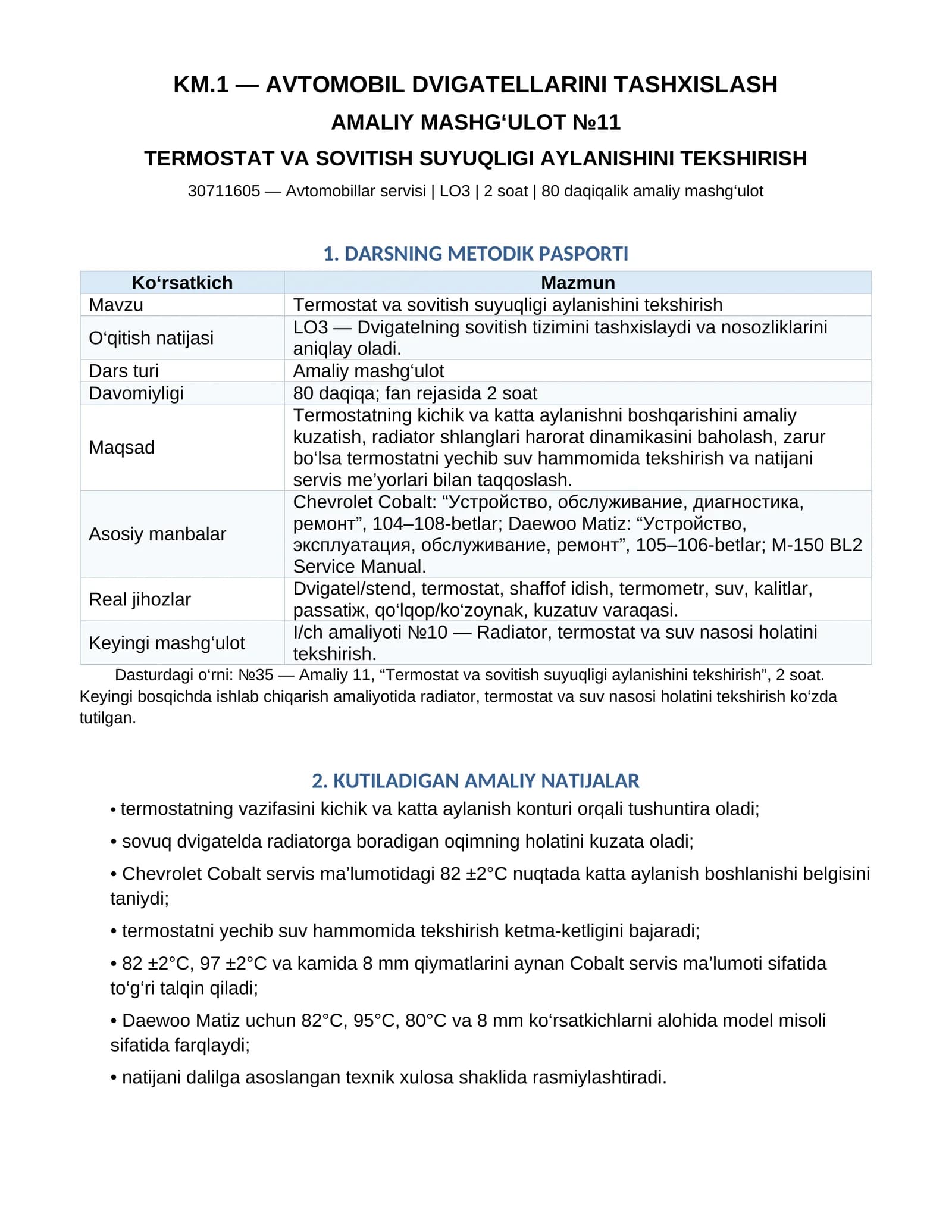 TERMOSTAT VA SOVITISH SUYUQLIGI AYLANISHINI TEKSHIRISH