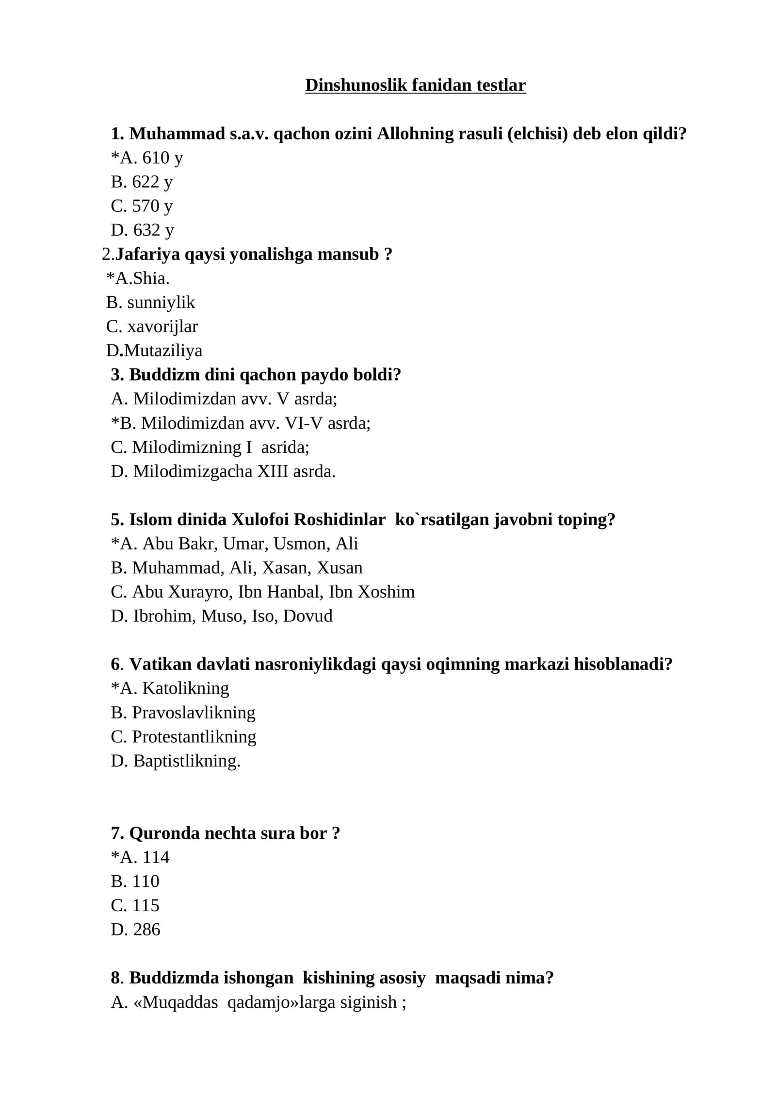 Dinshunoslik fanidan testlar