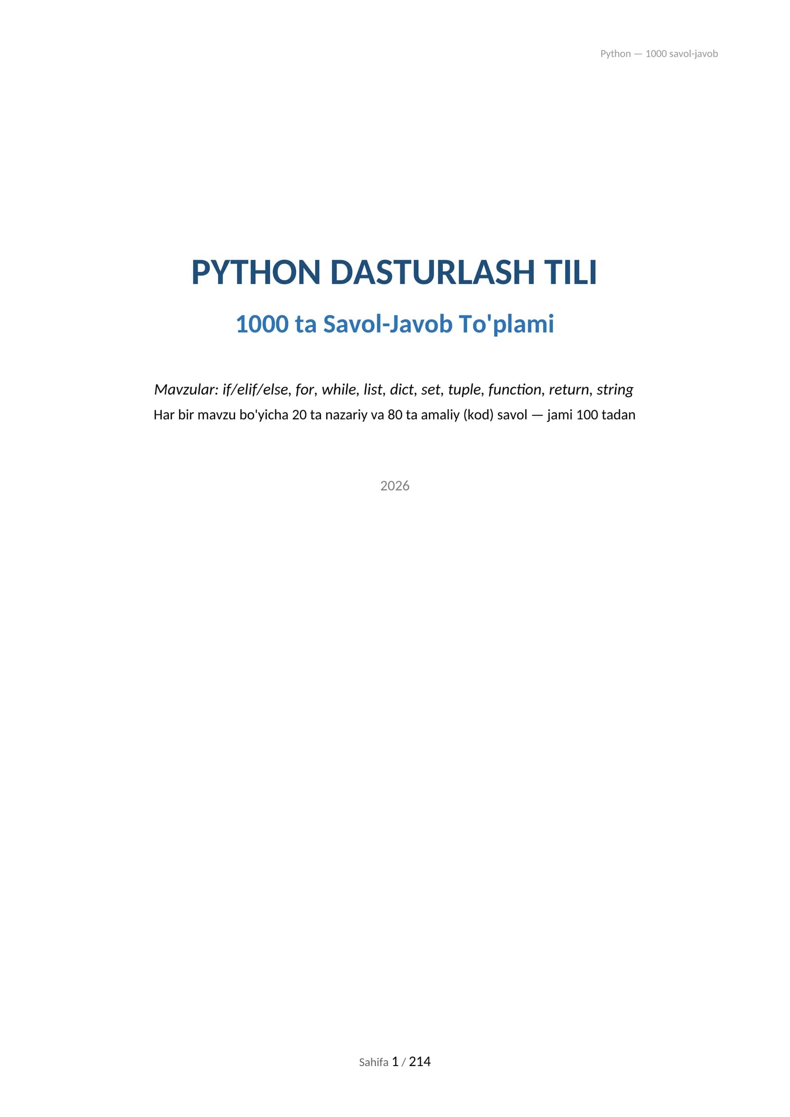 PYTHON DASTURLASH 1000 TA TEST