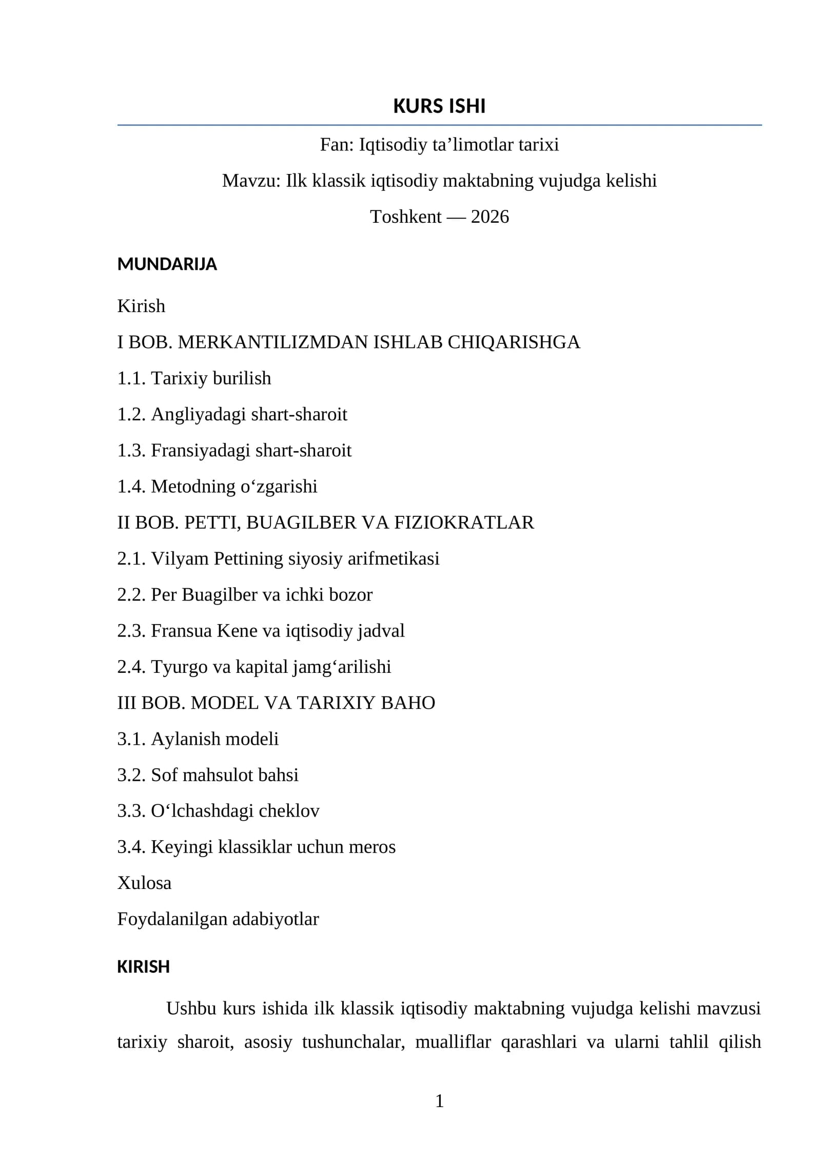 Fan: Iqtisodiy ta’limotlar tarixi