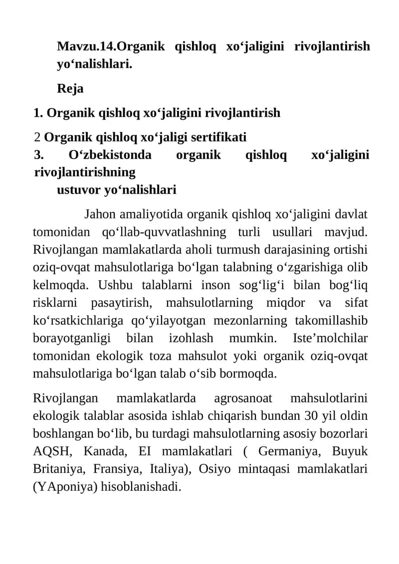 Organik qishloq xo‘jaligini rivojlantirish yo‘nalishlari