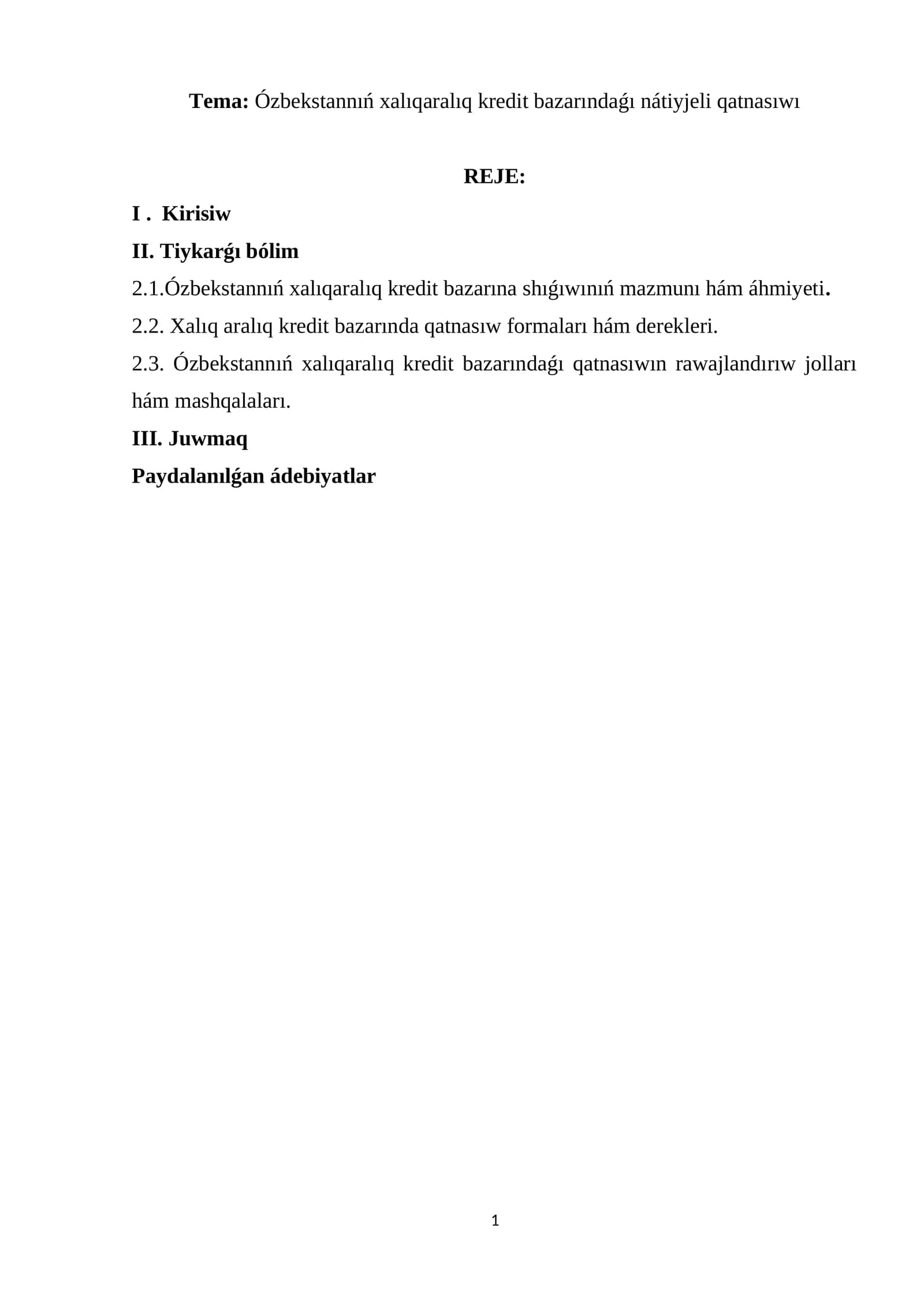 Ózbekstannıń xalıqaralıq kredit bazarındaǵı nátiyjeli qatnasıwı