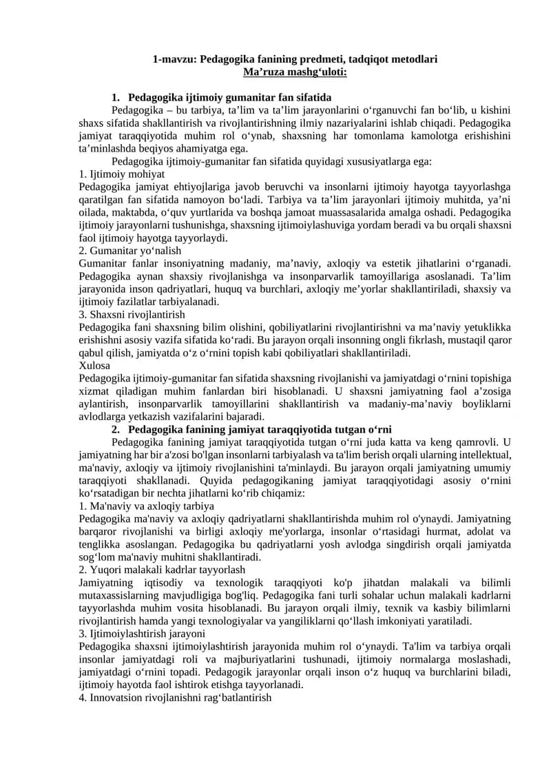 1-mavzu: Pedagogika fanining predmeti, tadqiqot metodlari