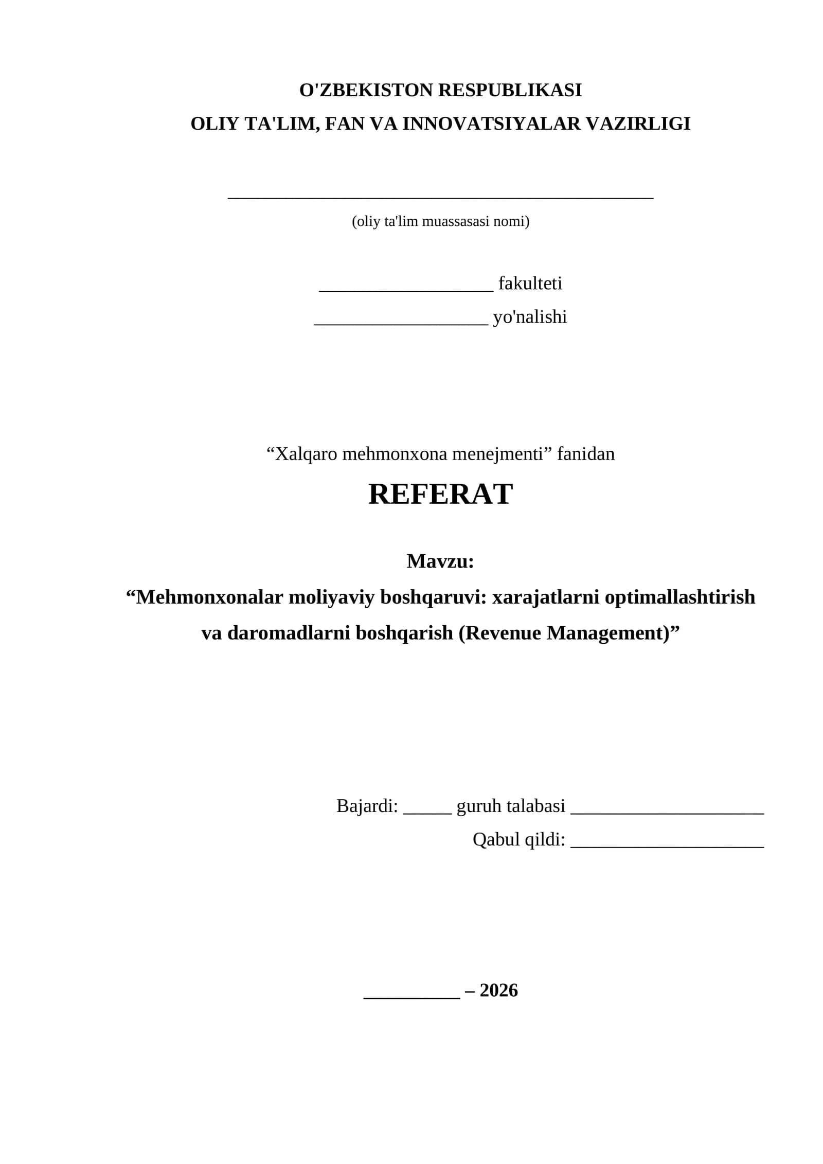 Mehmonxonalar moliyaviy boshqaruvining mohiyati, xarajatlar tuzilmasi va asosiy ko'rsatkichlari