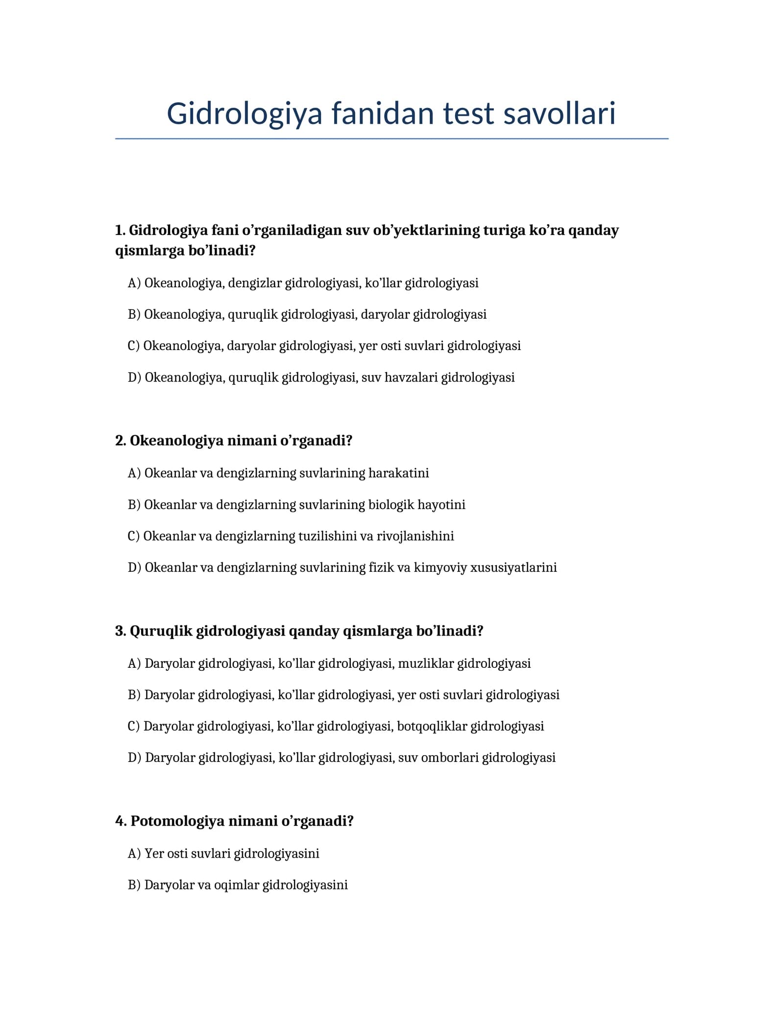 Gidrologiya fanidan test savollari