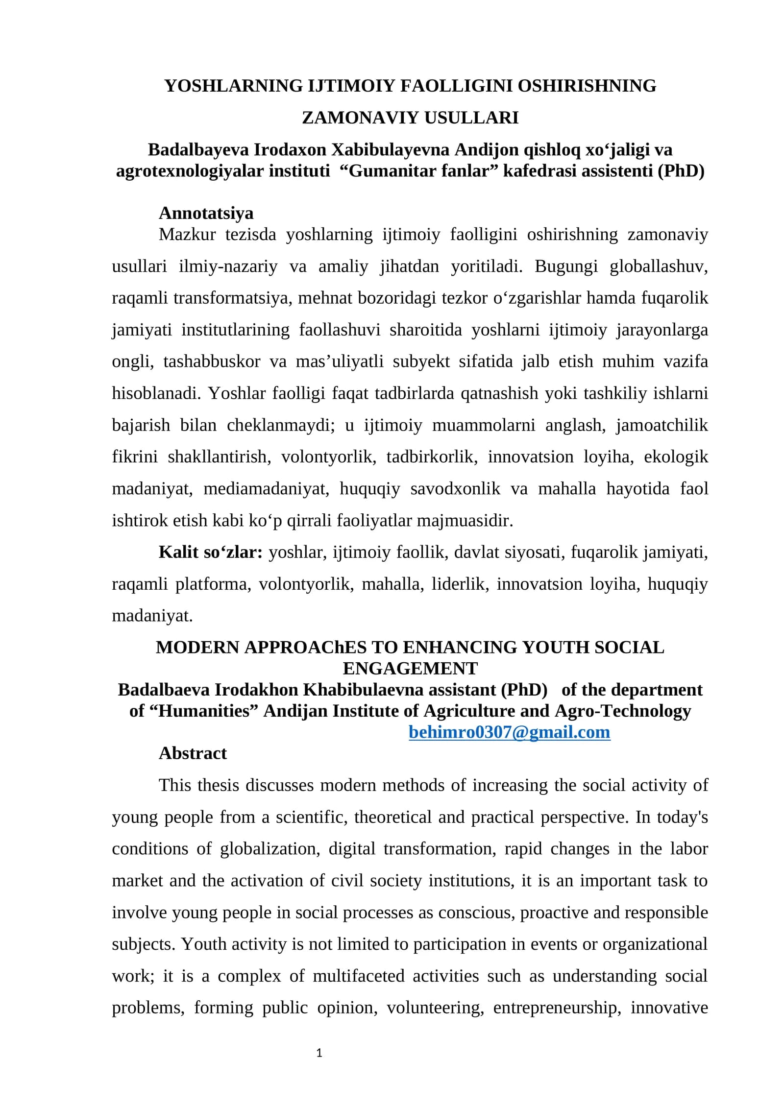 YOSHLARNING IJTIMOIY FAOLLIGINI OSHIRISHNING ZAMONAVIY USULLARI