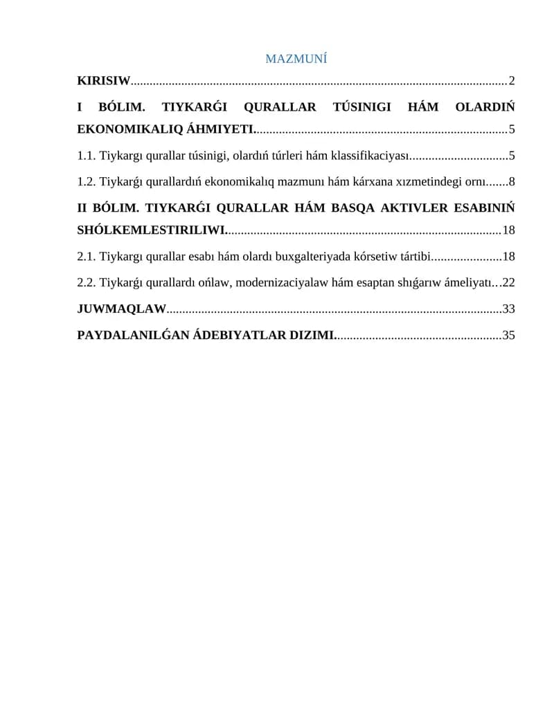 TIYKARǴI QURALLAR TÚSINIGI HÁM OLARDIŃ EKONOMIKALIQ ÁHMIYETI