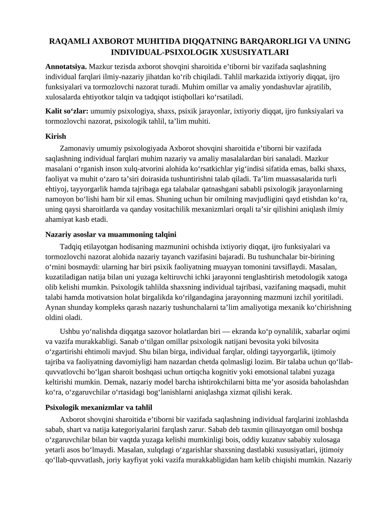 RAQAMLI AXBOROT MUHITIDA DIQQATNING BARQARORLIGI VA UNING INDIVIDUAL-PSIXOLOGIK XUSUSIYATLARI