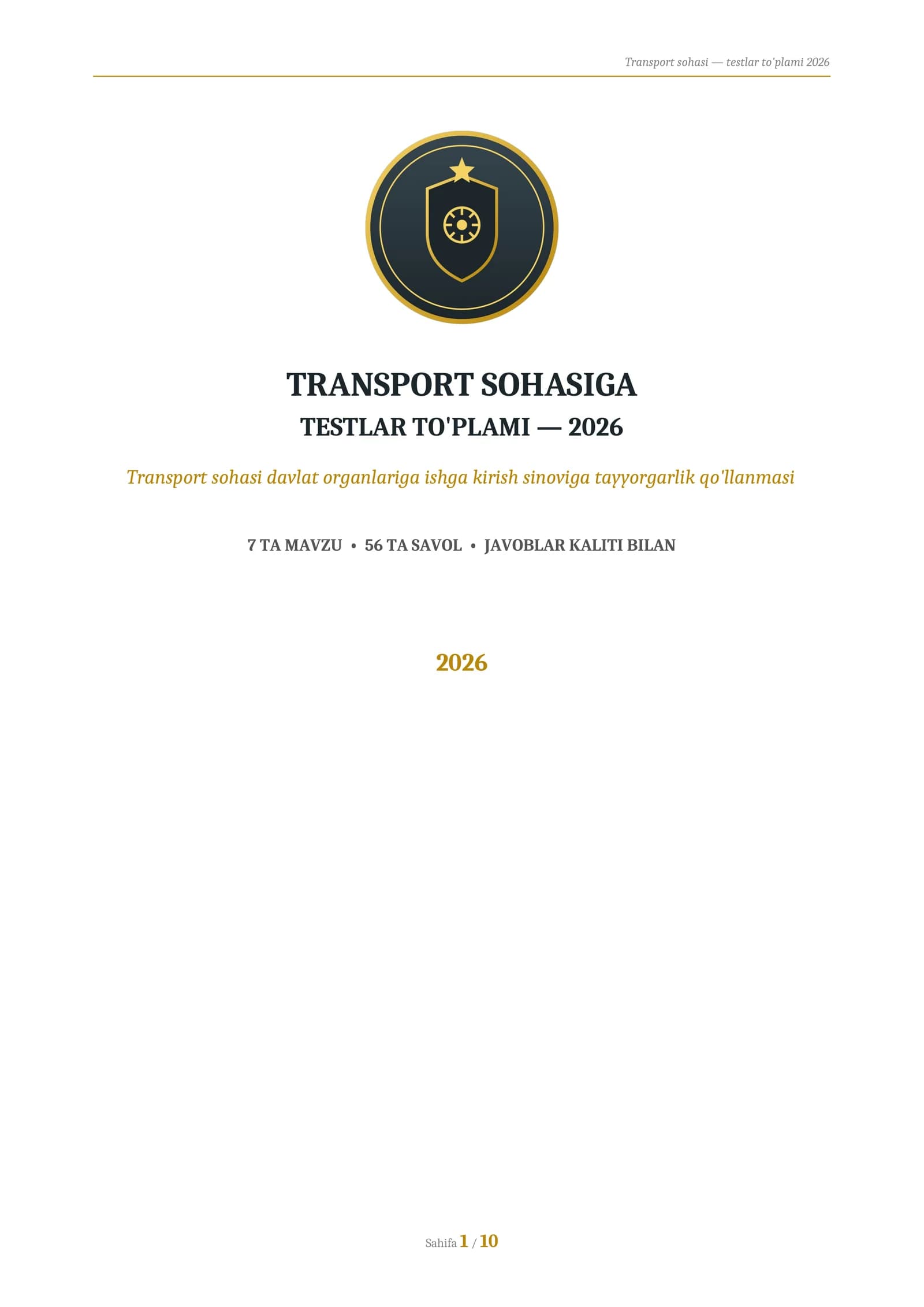 Transport sohasi davlat organlariga ishga kirish sinoviga tayyorgarlik testlari
