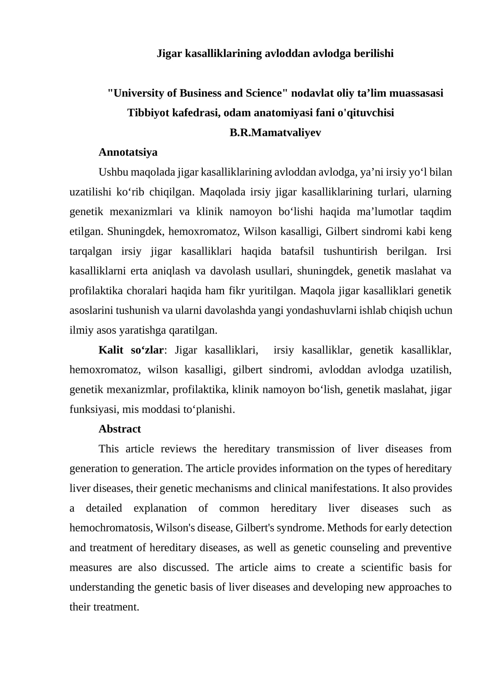 Jigar kasalliklarining avloddan avlodga berilishi