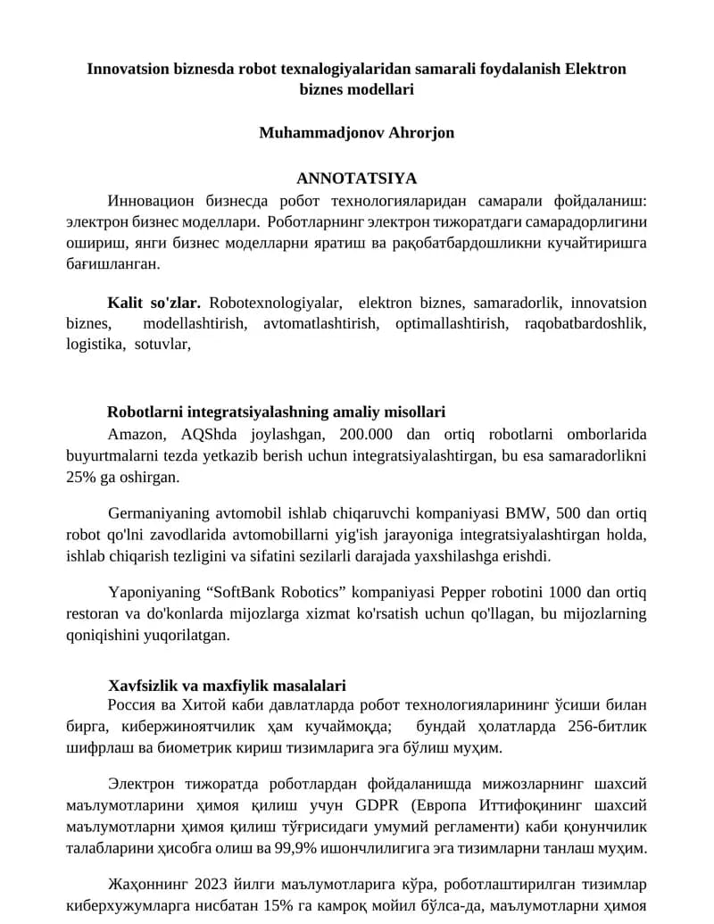 Innovatsion biznesda robot texnologiyalaridan samarali foydalanish Elektron biznes modellari
