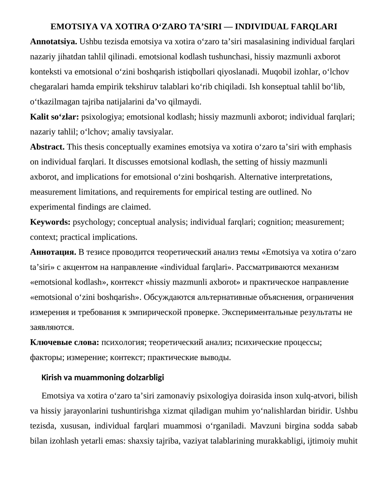 Emotsiya va xotira o‘zaro ta’siri — individual farqlari
