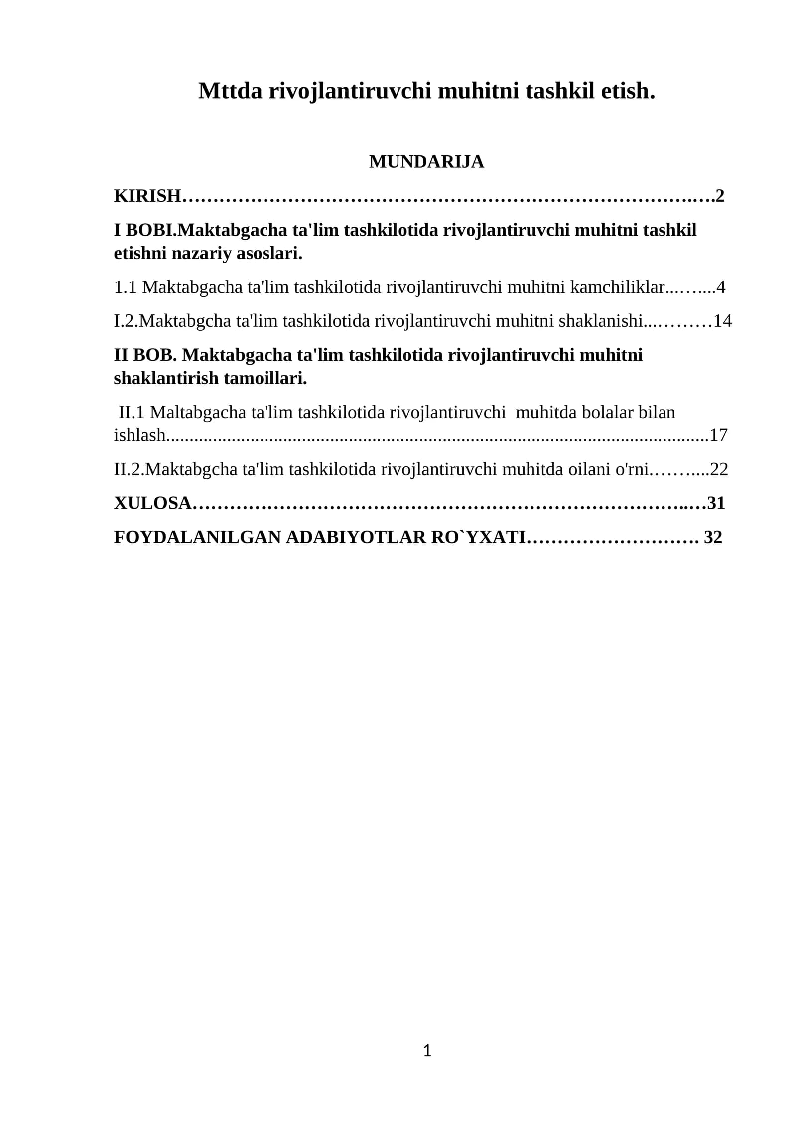 Maktabgacha ta'lim tashkilotida rivojlantiruvchi muhitni tashkil etish