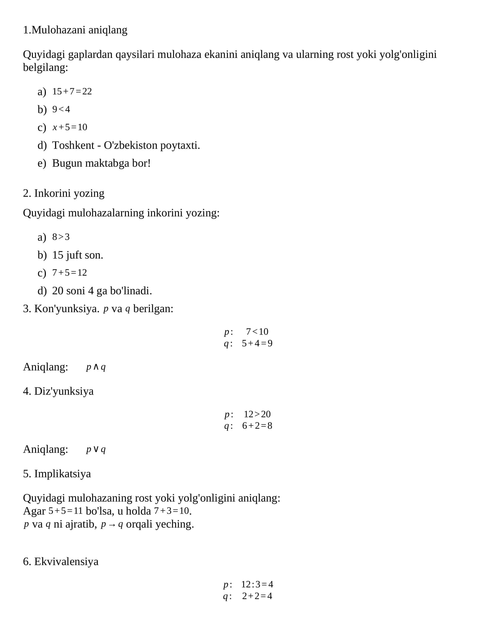 Mulohazalar algebrasiga doir misollar