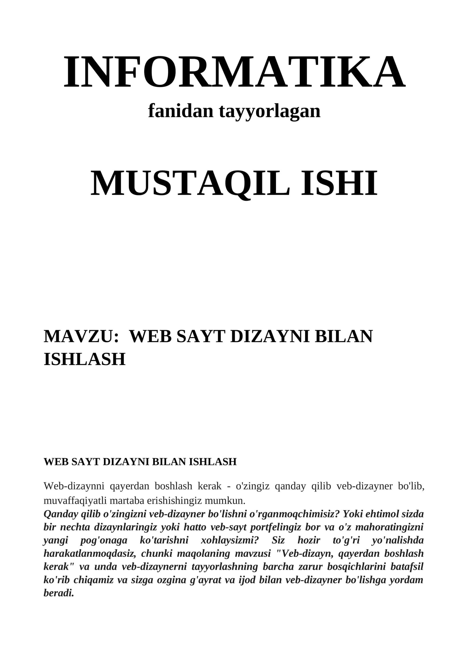 Veb Sayt Dizayni Bilan Ishlash
