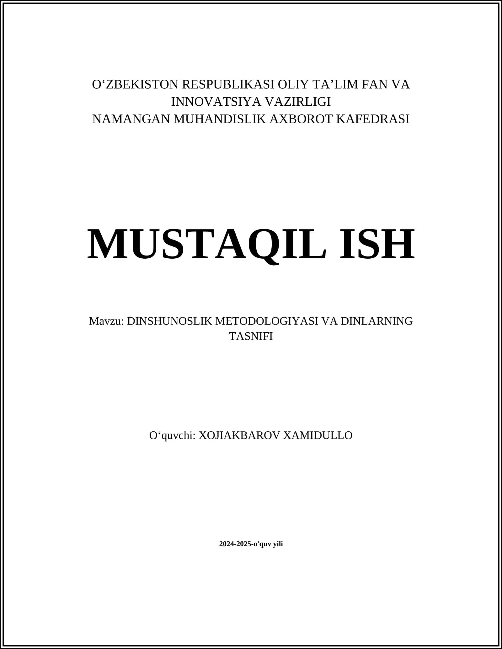 DINSHUNOSLIK METODOLOGIYASI VA DINLARNING TASNIFI