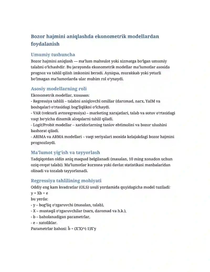 Bozor hajmini aniqlashda ekonometrik modellardan foydalanish