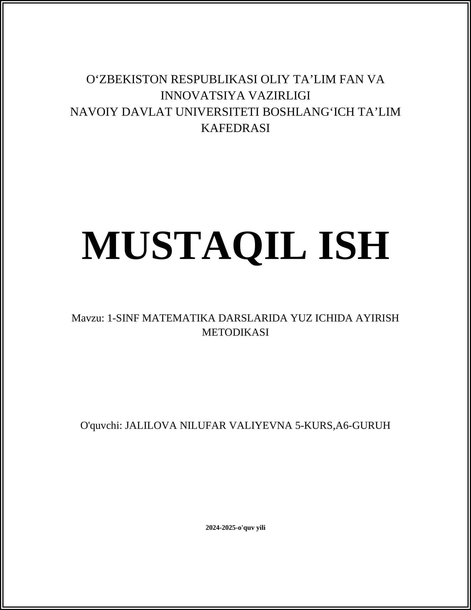 1-SINF MATEMATIKA DARSLARIDA YUZ ICHIDA AYIRISH METODIKASI