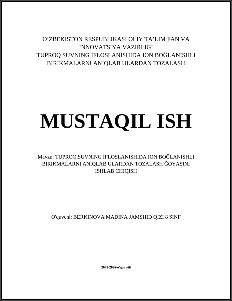 Tuproq va suv namunalari uchun ion bog'lanishli birikmalarni olish va tayyorlash metodikasi