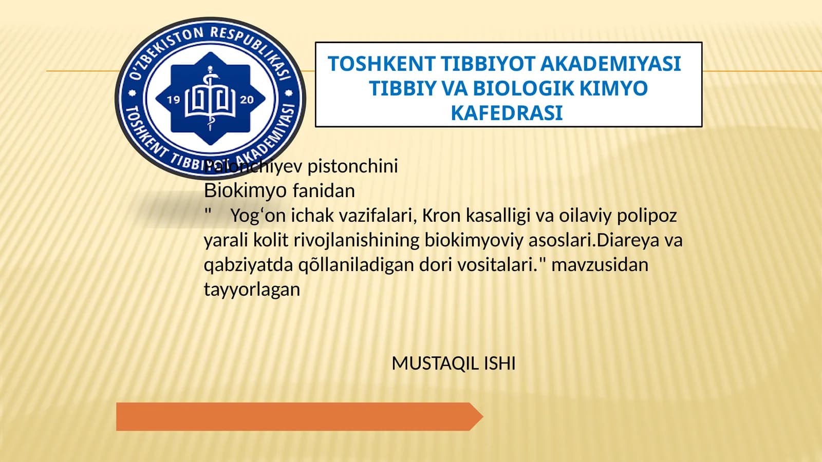 Palonchiyev Pistonchini Biokimyofanidan "Yog‘onichakvazifalari, Kronkasalligivaoilaviypolipozyaralikolitrivojlanishiningbiokimyoviyasoslari.Diareyavaqabziyatdaqõllaniladigandorivositalari."