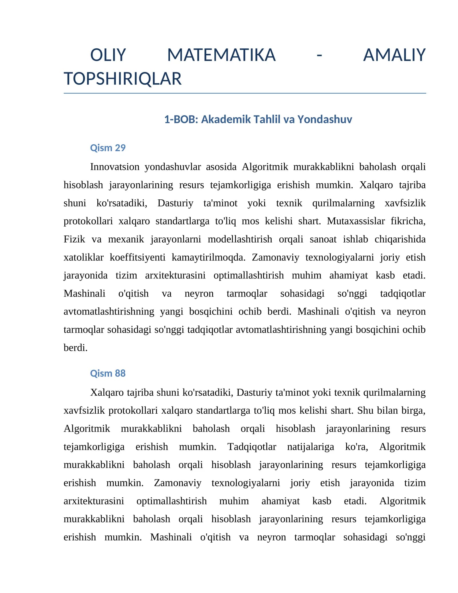 OLIY MATEMATIKA - AMALIY TOPSHIRIQLAR