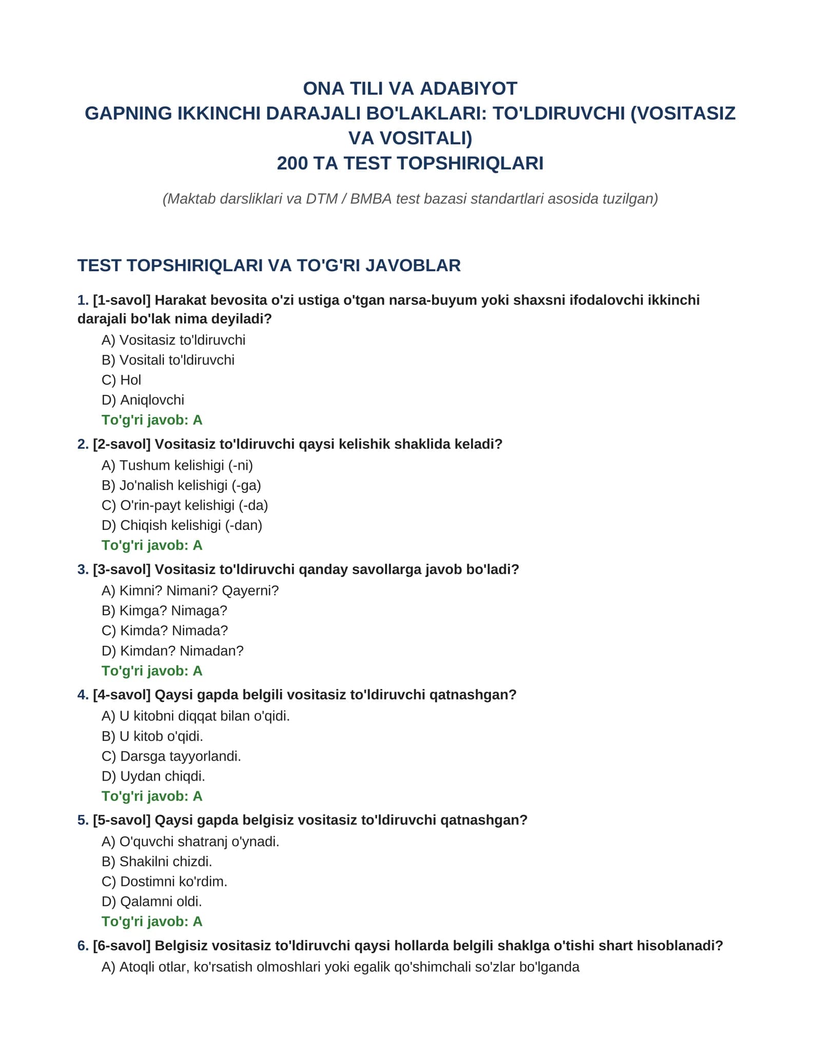 GAPNING IKKINCHI DARAJALI BO'LAKLARI: TO'LDIRUVCHI (VOSITASIZ  VA VOSITALI)  200 TA TEST TOPSHIRIQLARI  JAVOBLARI BILAN
