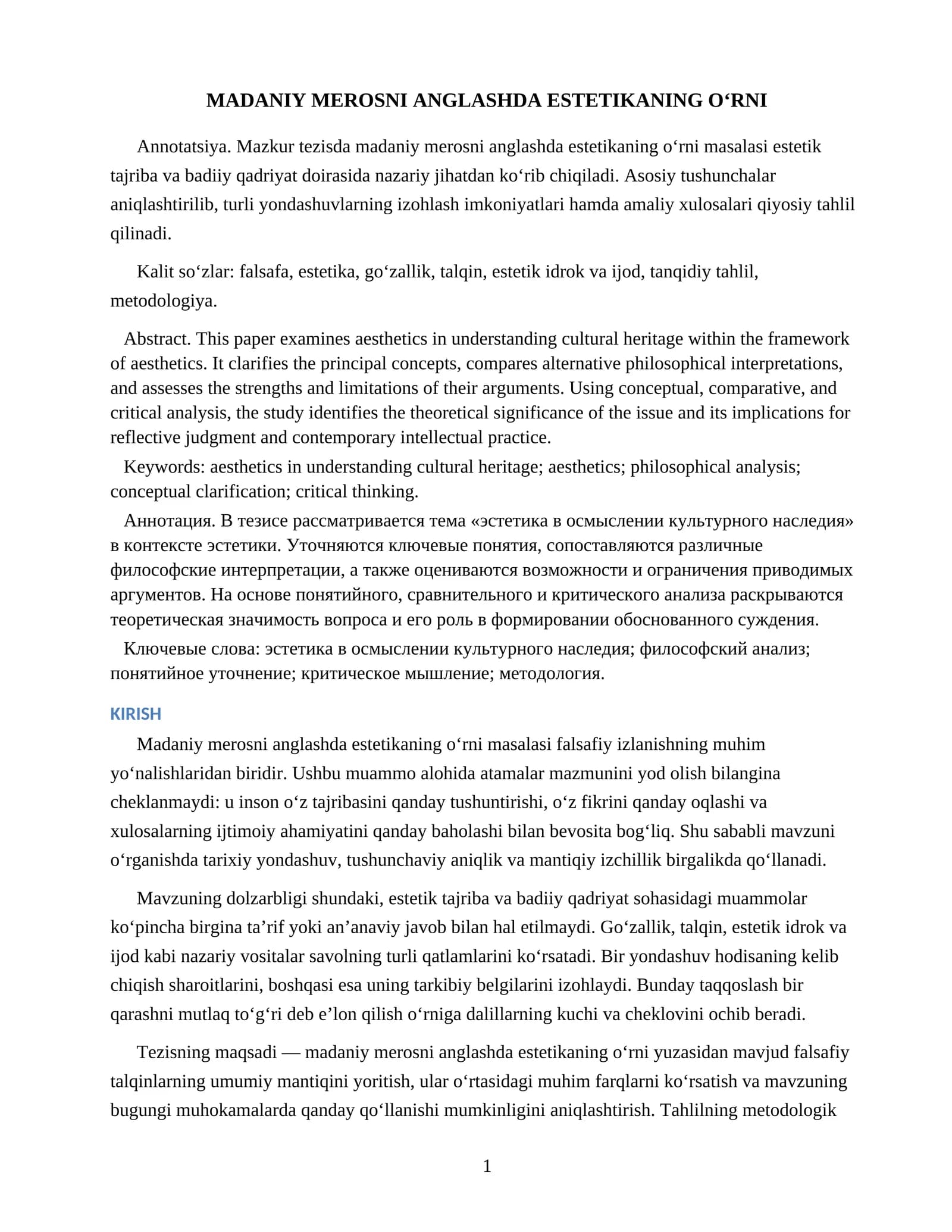 MADANIY MEROSNI ANGLASHDA ESTETIKANING O‘RNI