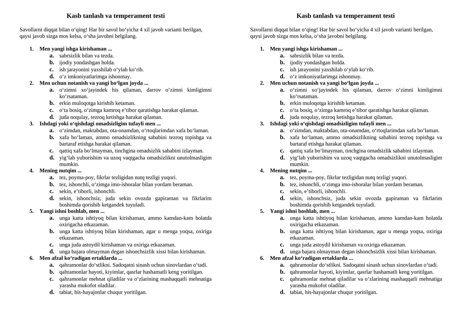 Kasb tanlash va temperament testi