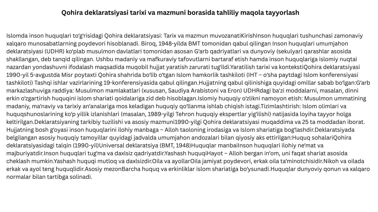 Qohiradeklaratsiyasi tarixi va mazmuni borasida tahlili maqolat