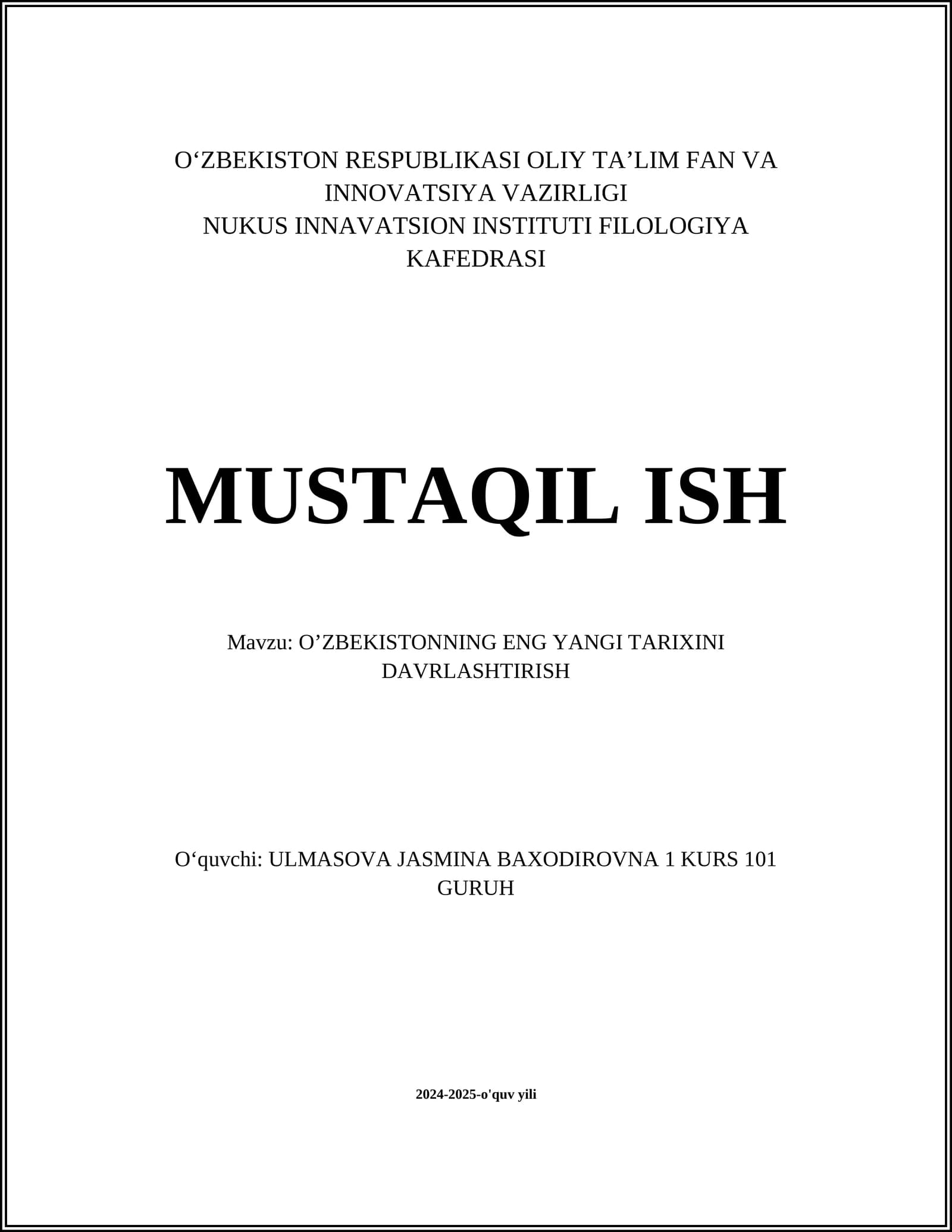 O’ZBEKISTONNING ENG YANGI TARIXINI DAVRLASHTIRISH