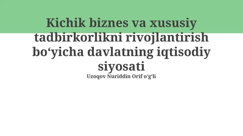 Kichik biznes va xususiy tadbirkorlikni rivojlantirish bo'yi​cha davlatning iqtisodiy siyosati