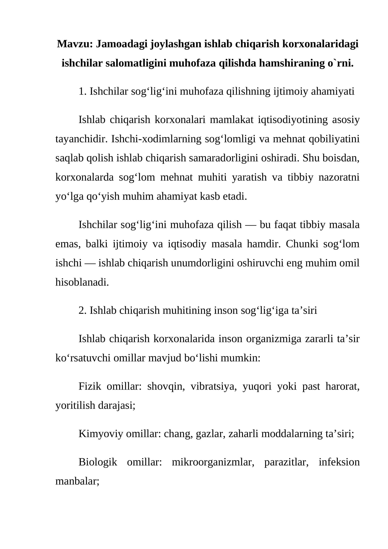 Ishlab chiqarish korxonalaridagi ishchilar salomatligini muhofaza qilish