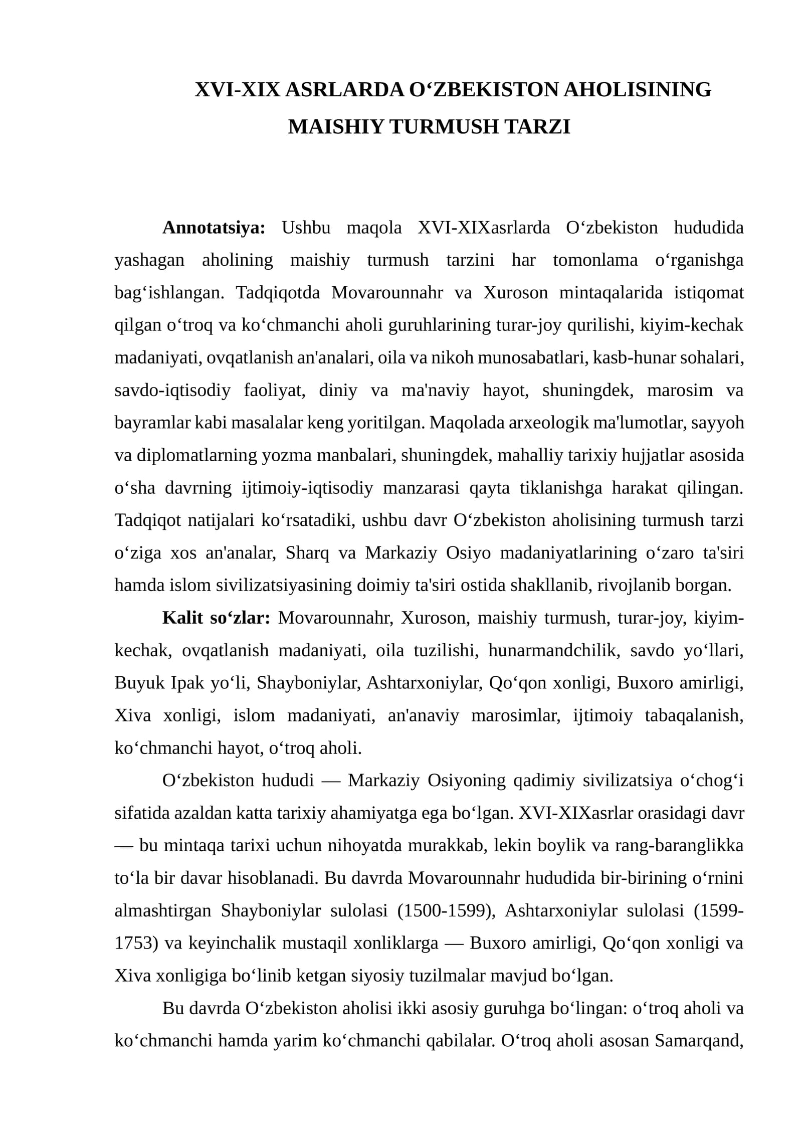 XVI-XIX ASRLARDA O‘ZBEKISTON AHOLISINING MAISHIY TURMUSH TARZI