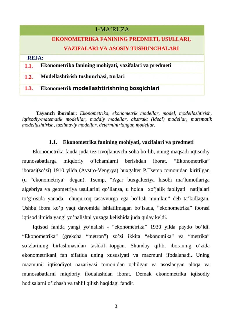 Ekonometrika Fanining Predmeti, Usullari, Vazifalari va Asosiy Tushunchalari