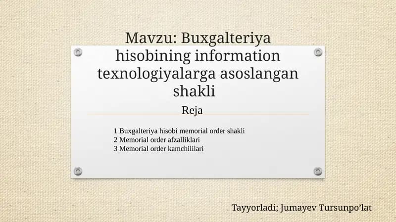 Buxgalteriyahisobining memorial-order shakli