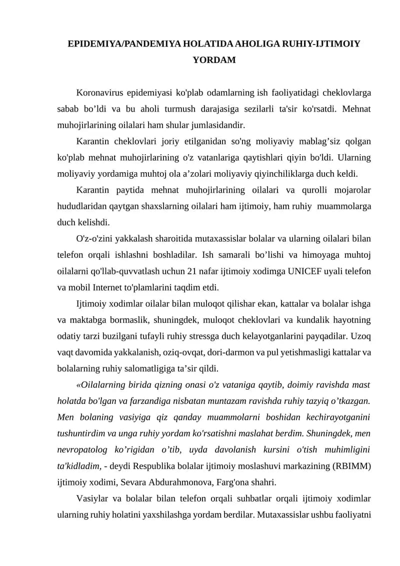EPIDEMIYA/PANDEMIYA HOLATIDA AHOLIGA RUHIY-IJTIMOIY YORDAM