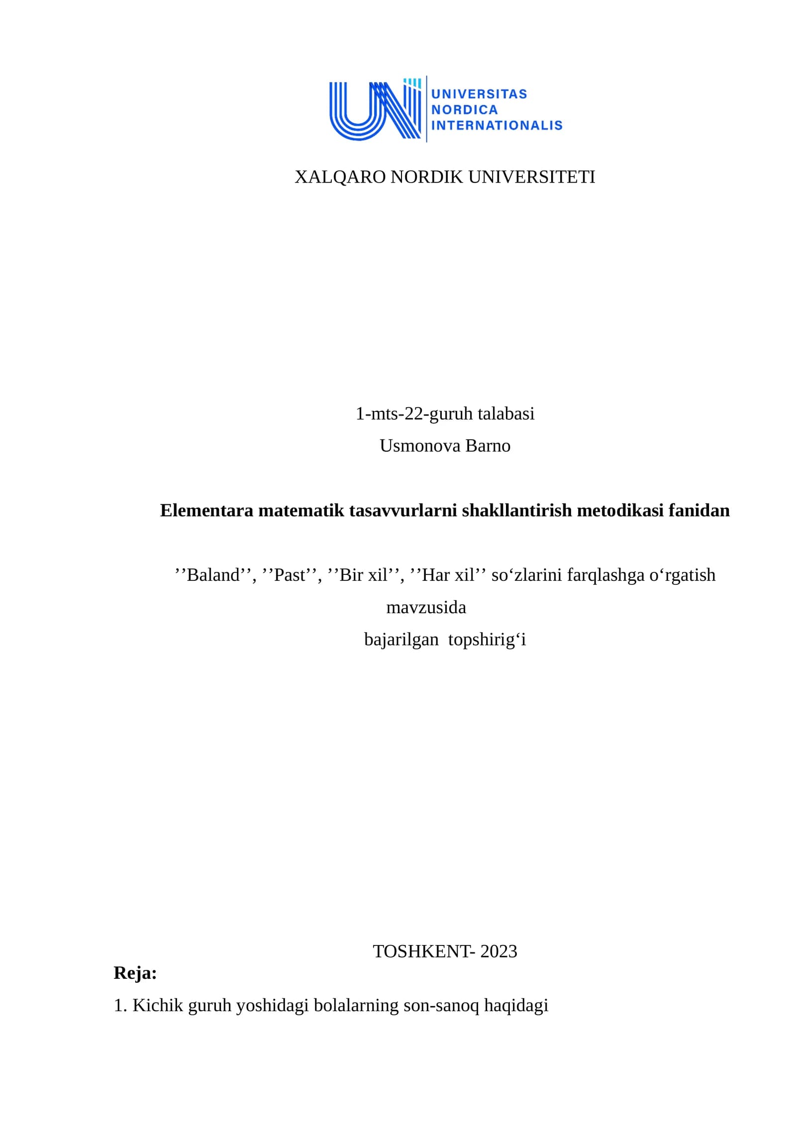 Elementara matematik tasavvurlarni shakllantirish metodikasi fanidan