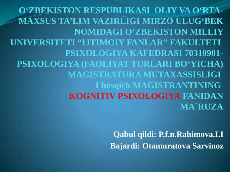 PSIXOLOGIYA (FAOLIYAT TURLARI BOʻYICHA) MAGISTRATURA MUTAXASSISLIGI