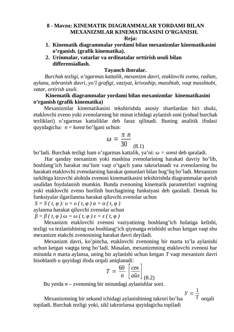 KINEMATIK DIAGRAMMALAR YORDAMI BILAN MEXANIZMLAR KINEMATIKASI