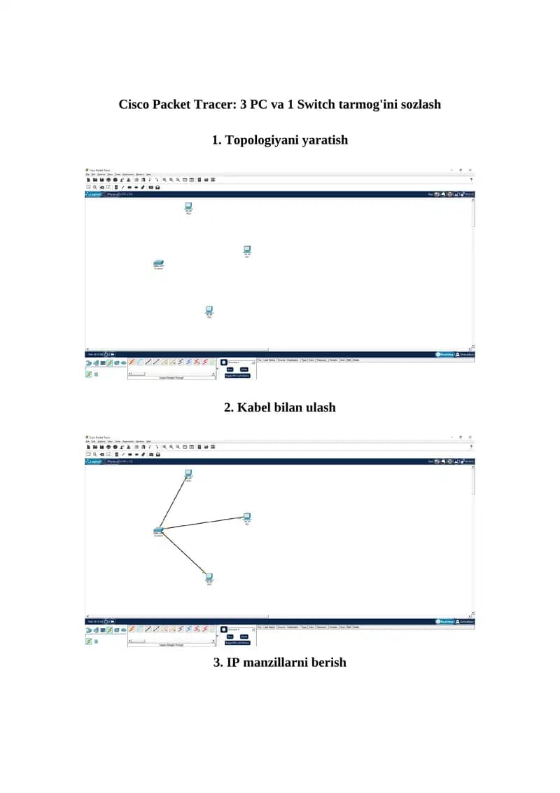 Cisco Packet Tracer: 3 PC va 1 Switch tarmog'ini sozlash