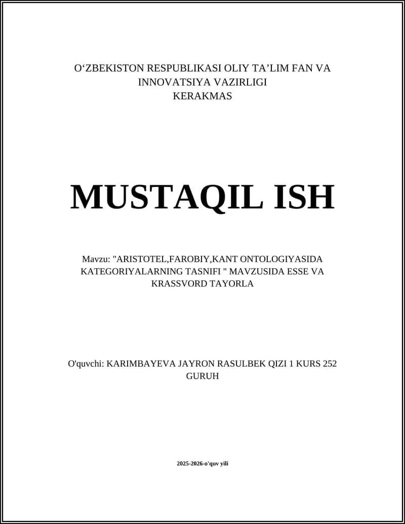 ARISTOTEL,FAROBIY,KANT ONTOLOGIYASIDA KATEGORIYALARNING TASNIFI