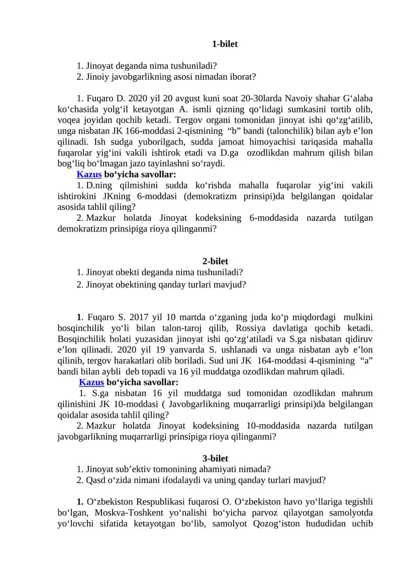 Jinoyat va huquqshunoslik. Bilet 1