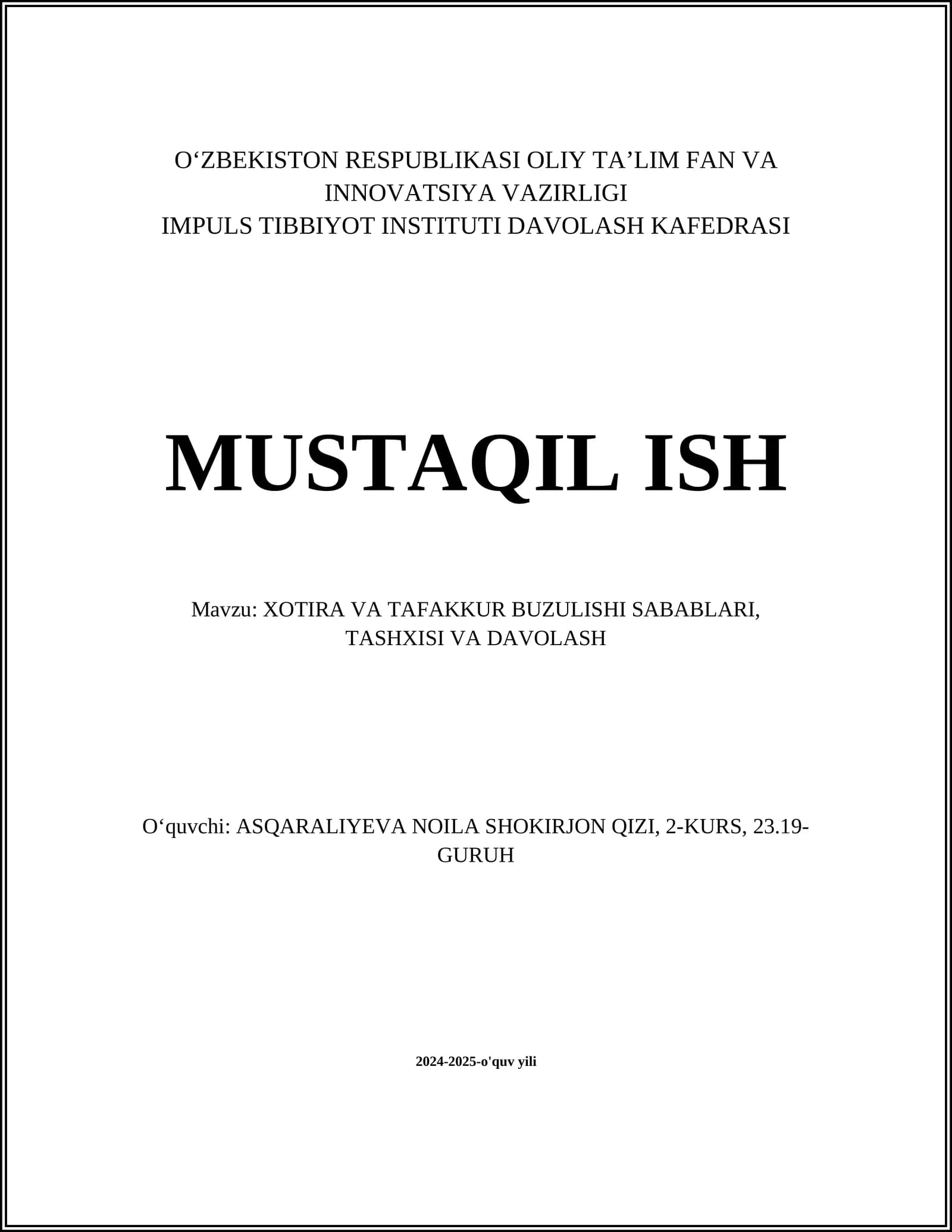 Xotira va Tafakkur Buzulishi Sabablari, Tashxisi va Davolash